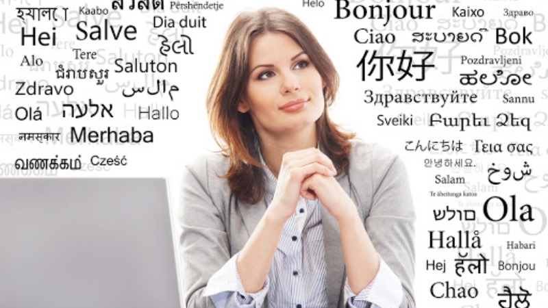 Business Woman Or Teacher In Office. Different World Languages Concept.