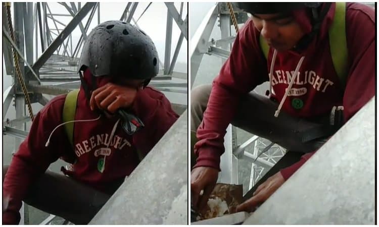 Demi Sesuap Nasi, Pekerja ini Hujan-hujanan Sambil Makan di Atas Tower, Bikin Ngeri 6 Makan Di Tengah Hujan Dan Kilat