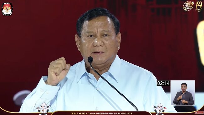 Bakal Calon Presiden Capres Prabowo Subianto Nomor Urut 2 Saat Menyampaikan Visi Dan Misi Dalam Debat Ketiga Yang Digelar Di I 4 169